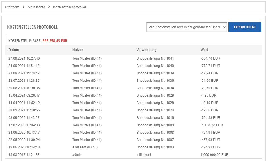 Kostenstellen Budgetverwaltung Shop-Software