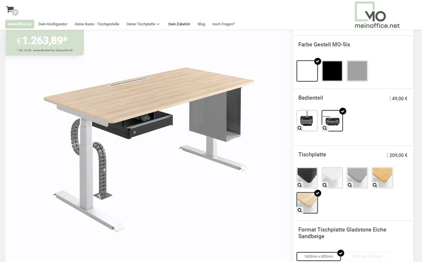 Screenshot Schreibtischkonfigurator Shop