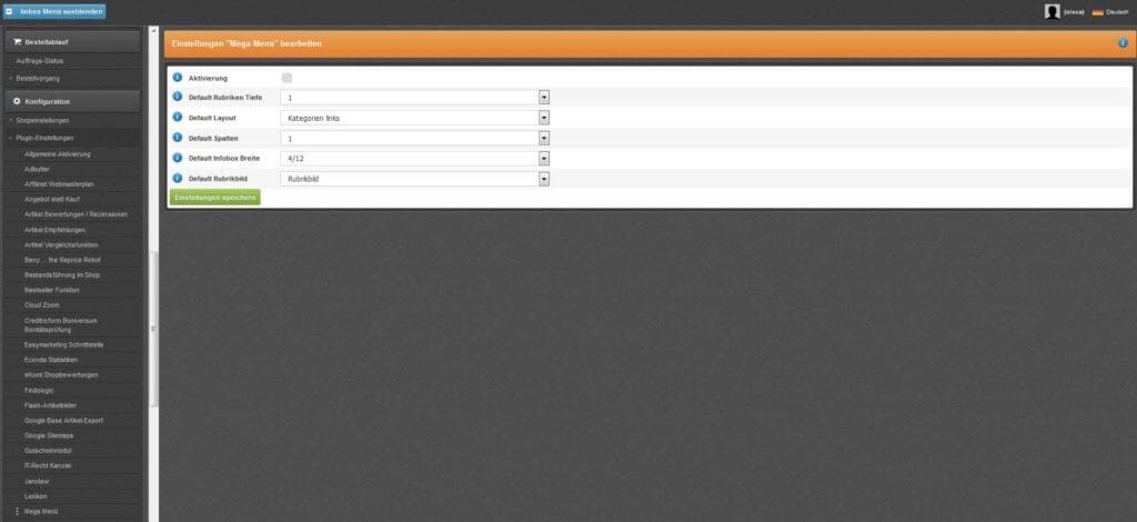 MegaMenü im Backend CosmoShop Shopsoftware