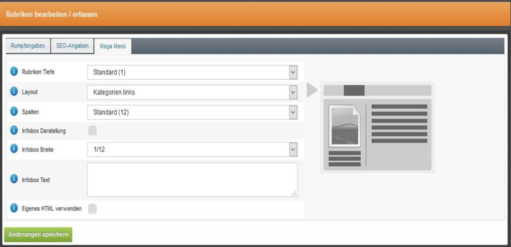 Rubriken MegaMenü in CosmoShop Backend