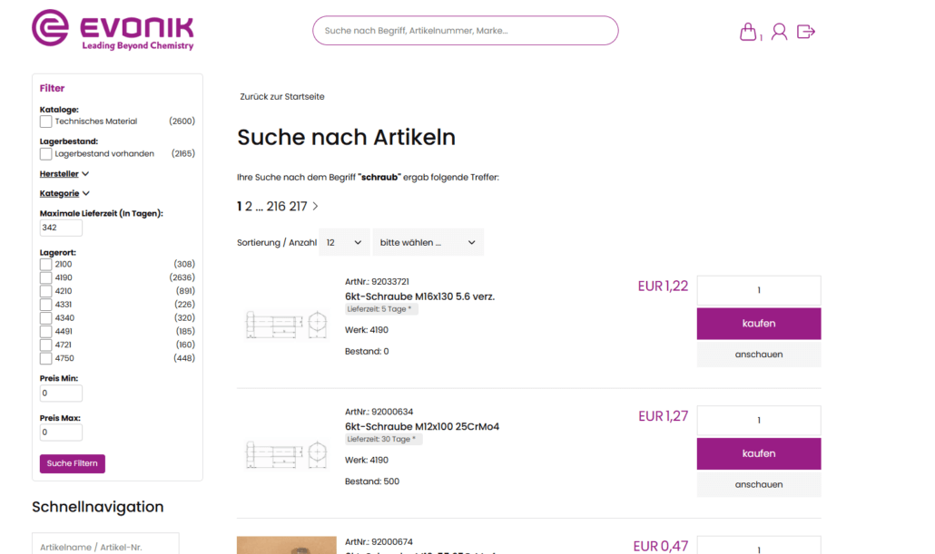 Evonik umfangreiches eProcurement Katalogsystem
